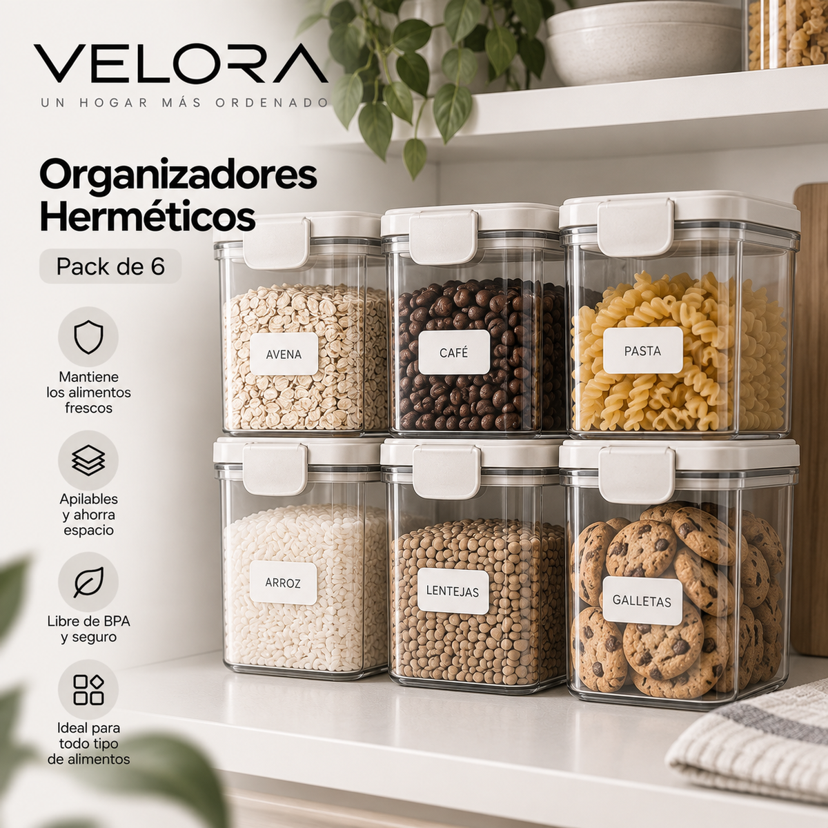 Organizadores
Herméticos VELORA™ — Pack de 6
