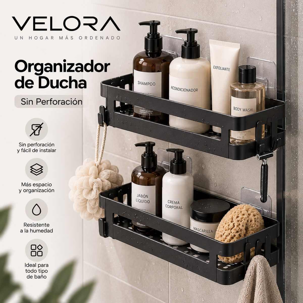 Organizador de Ducha VELORA™ — Sin Perforación
